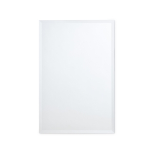 Frameless beveled rectangle mirror hanging on white wall