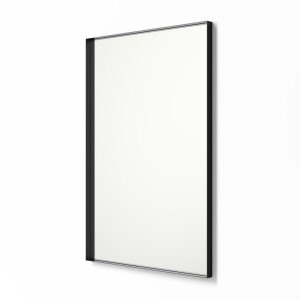 Angled view of black framed metal framed rectangle mirror