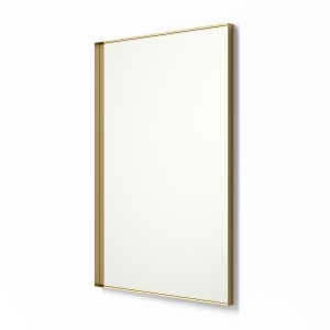 Angled view of gold framed metal framed rectangle mirror