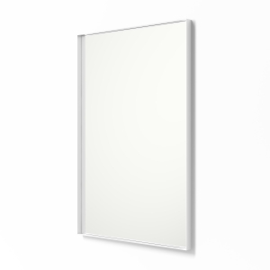 Angled view of white framed metal framed rectangle mirror