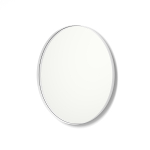 Angled view of white framed metal framed round mirror