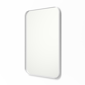 Angled view of white framed metal framed rounded rectangle mirror