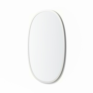 Angled view of white rubber framed oval mirror