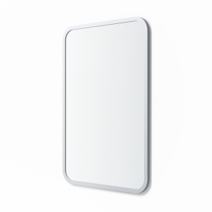 Angled view of grey rubber framed rectangle mirror
