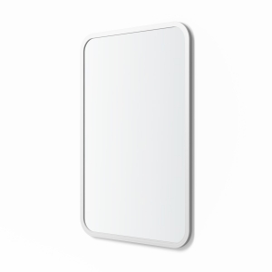 Angled view of white rubber framed rectangle mirror